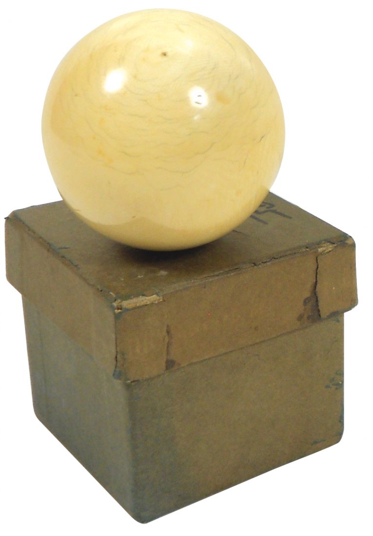 Billiard ball in box, ivory cue ball, c.1900, VG+ cond: Billiard ball in box, ivory cue ball, c.1900, VG+ cond w/minor wear, box 2.5"Sq.