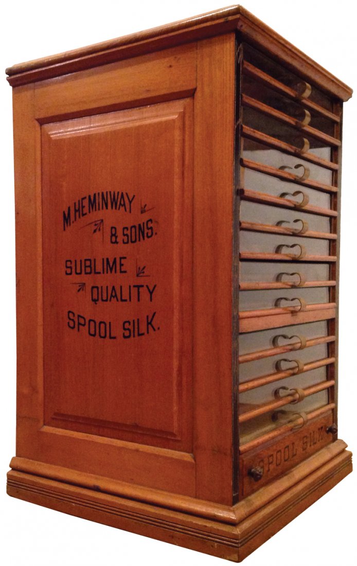 Spool cabinet, M. Heminway & Sons Sublime Quality Spool: Spool cabinet, M. Heminway & Sons Sublime Quality Spool Silk, chestnut, label on rear & raised panels on sides w/company name, Mint orig finish, 28"H x 17"W x 18"D.