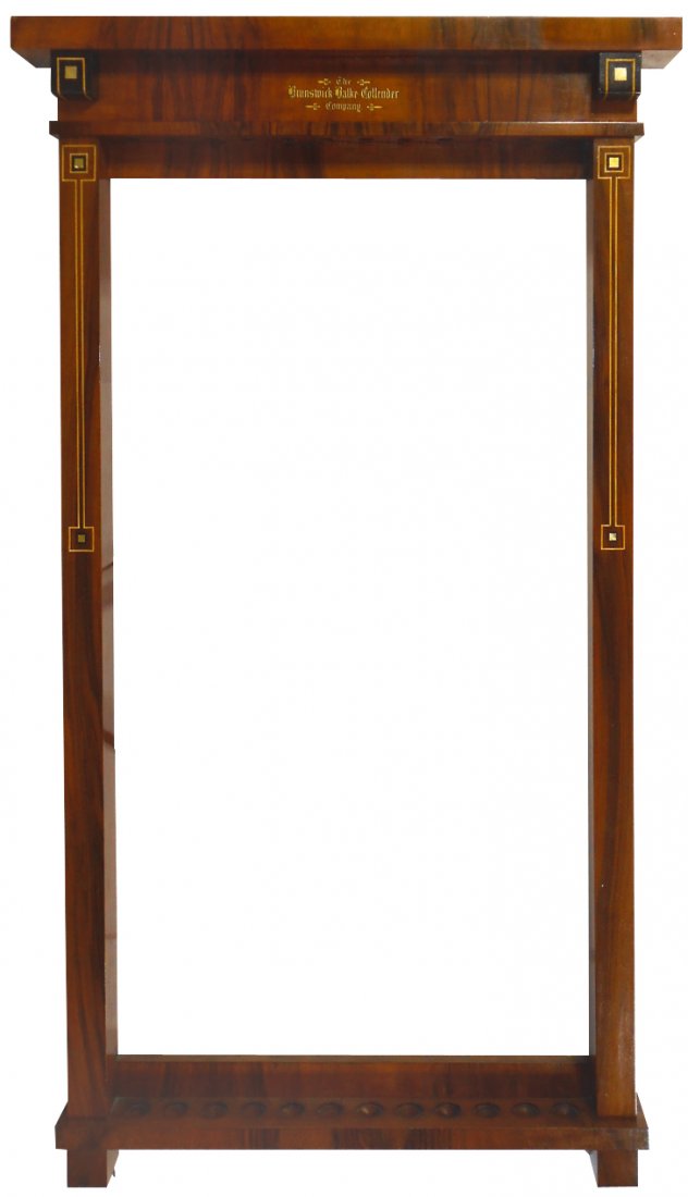 Billiard cue rack, Brunswick-Balke-Collender,: Billiard cue rack, Brunswick-Balke-Collender, Circassian walnut/rosewood, matches table, ball rack & scorekeeper in Lots 1682, 1683 & 1685, complete w/orig transfer, Exc orig cond, 63"H x 37"W.