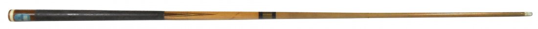Billiard or pool cue, Brunswick, "Willie Hoppe: Billiard or pool cue, Brunswick, "Willie Hoppe Professional Cue", thin ivory band w/thin black butt plate w/no bumper as made, ivory ferrule split, black leather wrap, stamped "18," orig decal, c.1940
