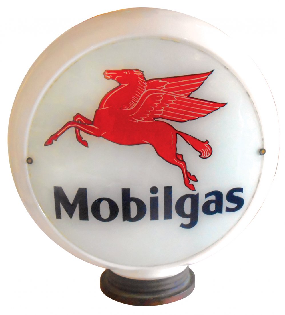 Petroliana, gasoline globe, Mobilgas, glass 1-pc body: Petroliana, gasoline globe, Mobilgas, glass 1-pc body w/glass lenses, metal screw-on base, 1" bruise w/small chip on body at 9 o'clock, o/wise Exc cond , 18"H.