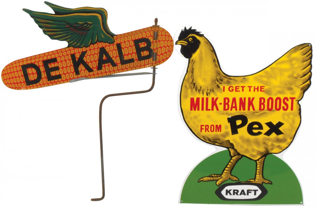 DeKalb Seed Corn sign w/spinner rod & Pex Chicken sign,: DeKalb Seed Corn sign w/spinner rod & Pex Chicken sign, both embossed diecut metal in Exc cond, 24"H x 18"W.