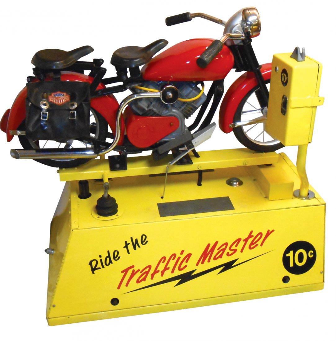 Coin-operated motorcycle ride, Bally "Traffic Master",: Coin-operated motorcycle ride, Bally "Traffic Master", 10 Cent, Harley-Davidson saddle bags, a fun ride in Exc restored cond, 47"H x 52"L x 27"D.