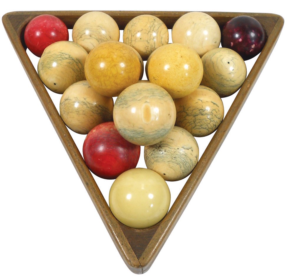 Billiard balls & triangle, 18 ivory carom balls, sized: Billiard balls & triangle, 18 ivory carom balls, sized between 2 1/4" & 2 3/8", includes 3 red/15 white, Good cond w/some showing age wear.