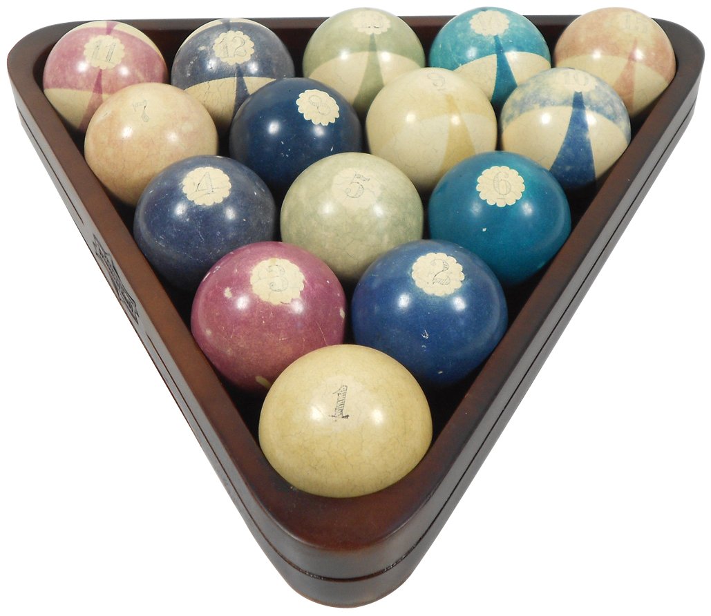 Billiard balls (15), Burt double-striped balls: Billiard balls (15), Burt double-striped balls w/numbers in scalloped background, c.1890's, clay, Rare, VG cond w/some discoloration, 2.25"Dia.