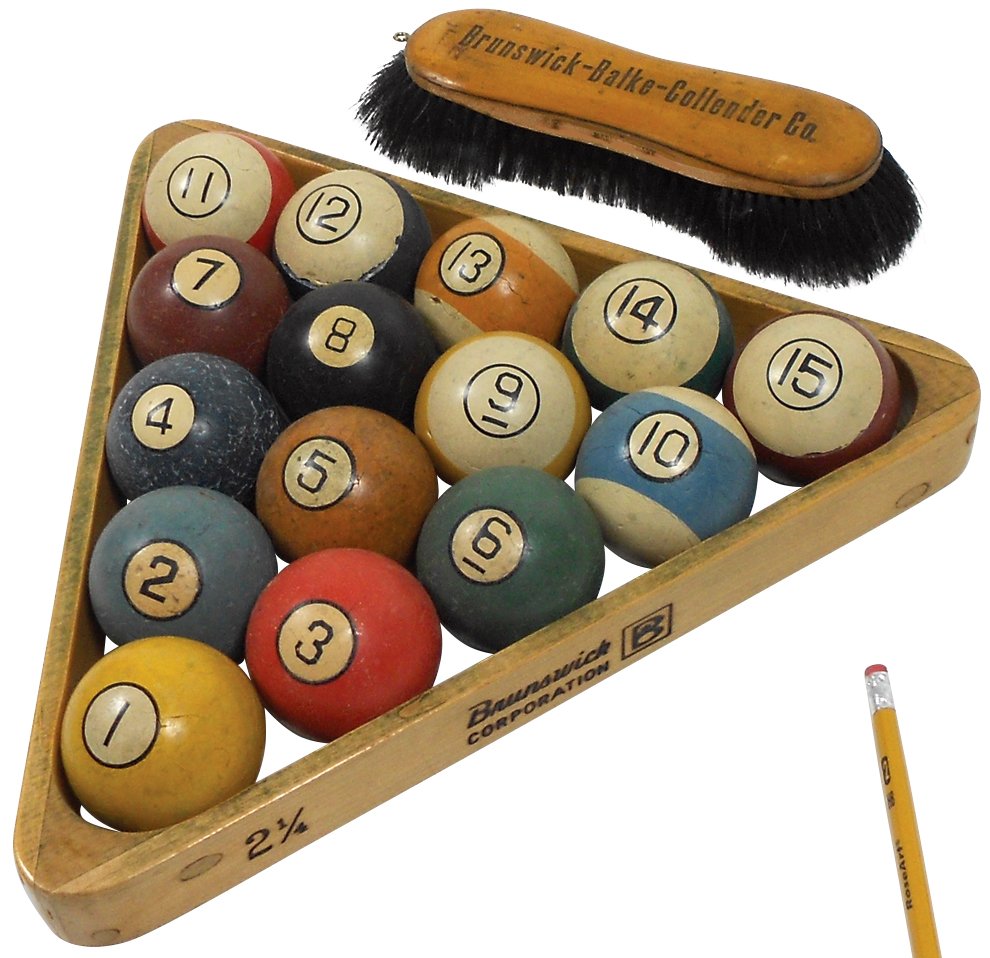 Billiard balls, triangle & table brush (17), set of 15: Billiard balls, triangle & table brush (17), set of 15 clay balls, triangle marked "Brunswick Corporation" & brush marked "Brunswick-Balke-Collender Co", early 1900's, balls in Fair cond w/some chippi