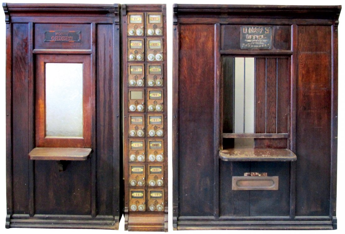 Post Office window, oak 3-pc unit, mfgd by Corbin: Post Office window, oak 3-pc unit, mfgd by Corbin Cabinet Lock Co.-New Britain Conn., 2 windows w/bars & crackle glass, double column of matching boxes, orig to Northwestern IL, early 1900's, VG cond