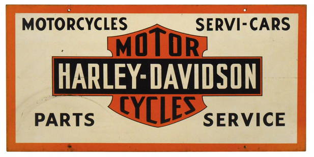 Motorcycle sign, Harley-Davidson Motorcycles-Servi-Cars: Motorcycle sign, Harley-Davidson Motorcycles-Servi-Cars Parts & Service, Rare, 2-sided heavy metal, some discoloring on one side, other w/minor rub, VG+ cond, 24"H x 48"W.