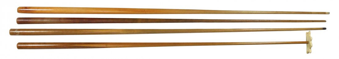 Billiard or pool cues & bridge (4), cue inscribed "17": Billiard or pool cues & bridge (4), cue inscribed "17" w/painted splices, missing ferrule, Good cond, 56.5"L; bridge w/4-point splice design, VG cond w/area of wood loss at butt end, 52"L; cue inscrib