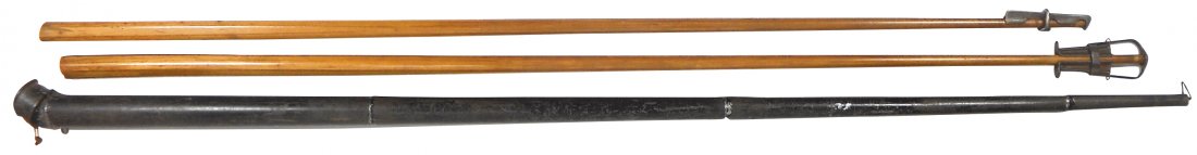 Billiard or pool cues, case & tools (5), metal: Billiard or pool cues, case & tools (5), metal traveling cue case, 4 sections w/hook for hanging at top & latch for locking at bottom, 62.5"L; 2 early rectangular-bottomed cues w/re-tipping tools, one
