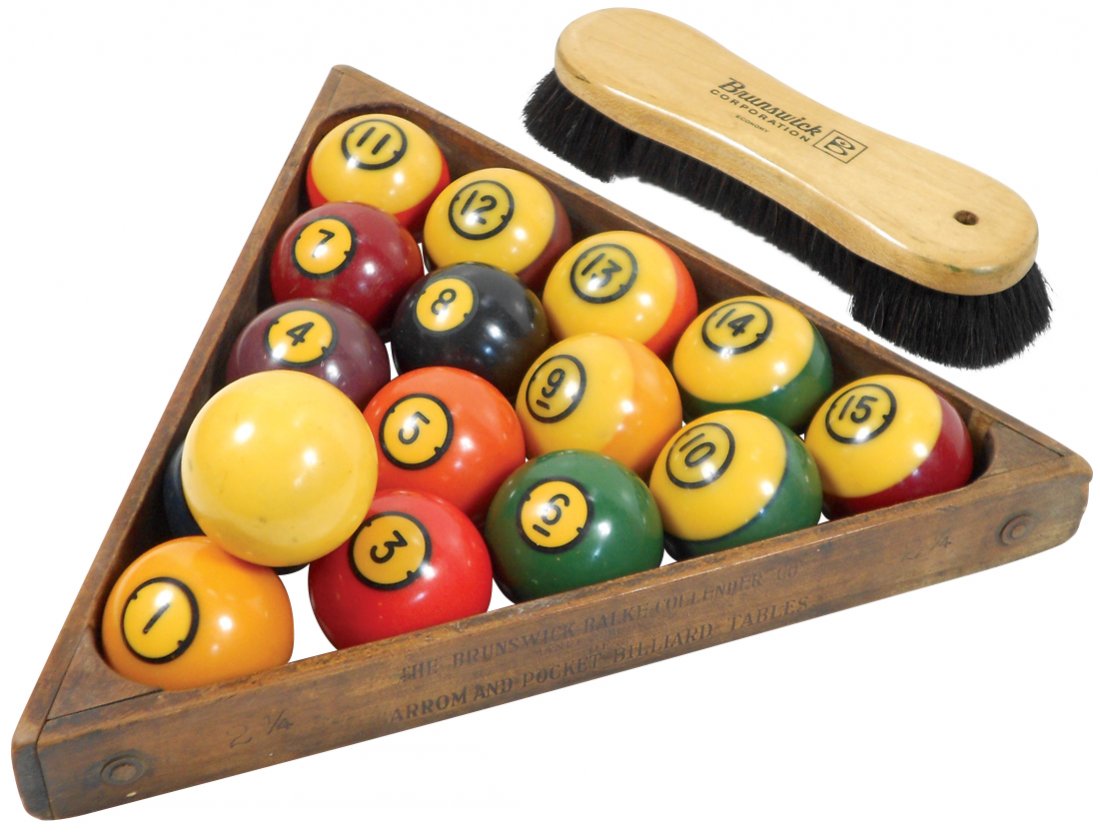 Billiard balls, triangle & table brush; set of 16: Billiard balls, triangle & table brush; set of 16 dart-style balls, wood triangle marked "The Brunswick-Balke-Collender Co. Manufacturer of Carom and Pocket Billiard Tables" & "Brunswick" table brush,