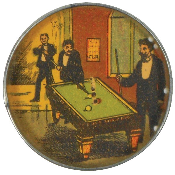 Billiard dexterity toys (2), monkeys playing billiards,: Billiard dexterity toys (2), monkeys playing billiards, metal & celluloid & men in pool hall, metal & cdbd, c.1900's, both w/mirror backs, VG/Exc cond, 1.5" & 2.25"Dias.