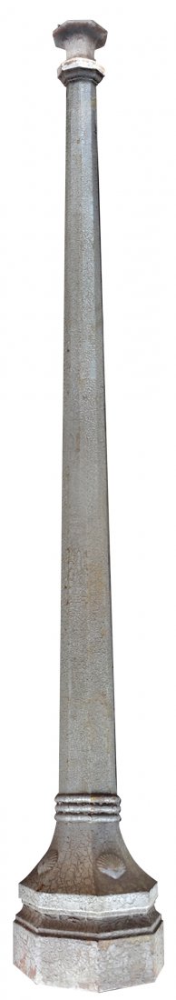 Petroliana, gas station light post, Shell Oil, "Shell": Petroliana, gas station light post, Shell Oil, "Shell" is cast on iron base w/old wrinkled paint over orig yellow & red paint, VG cond, approx 10'6"H x 18"W.