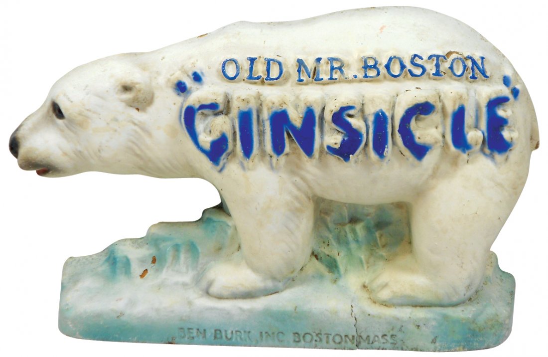 Breweriana display figure, Old Mr. Boston "Ginsicle",: Breweriana display figure, Old Mr. Boston "Ginsicle", polar bear, composition, VG cond w/split in base, 10.5"H x 17.5"W.