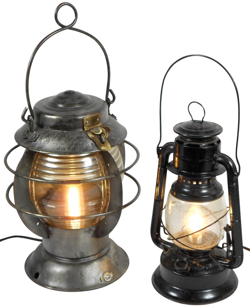 Railroad lanterns (2), Dietz Little Wizard, New York,: Railroad lanterns (2), Dietz Little Wizard, New York, U.S.A. & unmarked heavy cast metal w/clear 2-pc glass globe, both electrified, VG wkg cond, both 13"H (excluding handle) x 10.5"Dia.