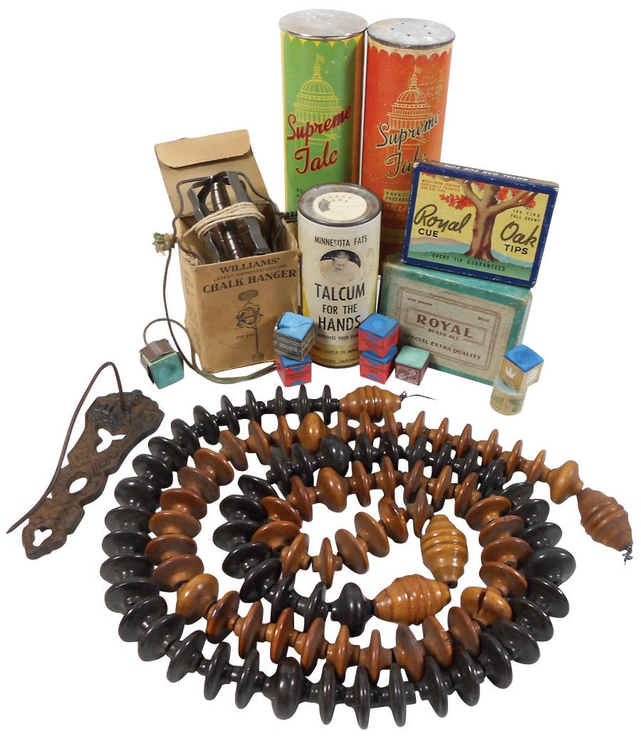 Billiard items (14), hanging wood scorekeeper, 2: Billiard items (14), hanging wood scorekeeper, 2 bottles "Supreme Talc" talcum powder, "Minnesota Fats" talcum powder, 7 misc chalks, box "Royal Oak Cue Tips" w/8 tips, box "Royal Beats All" chalks &