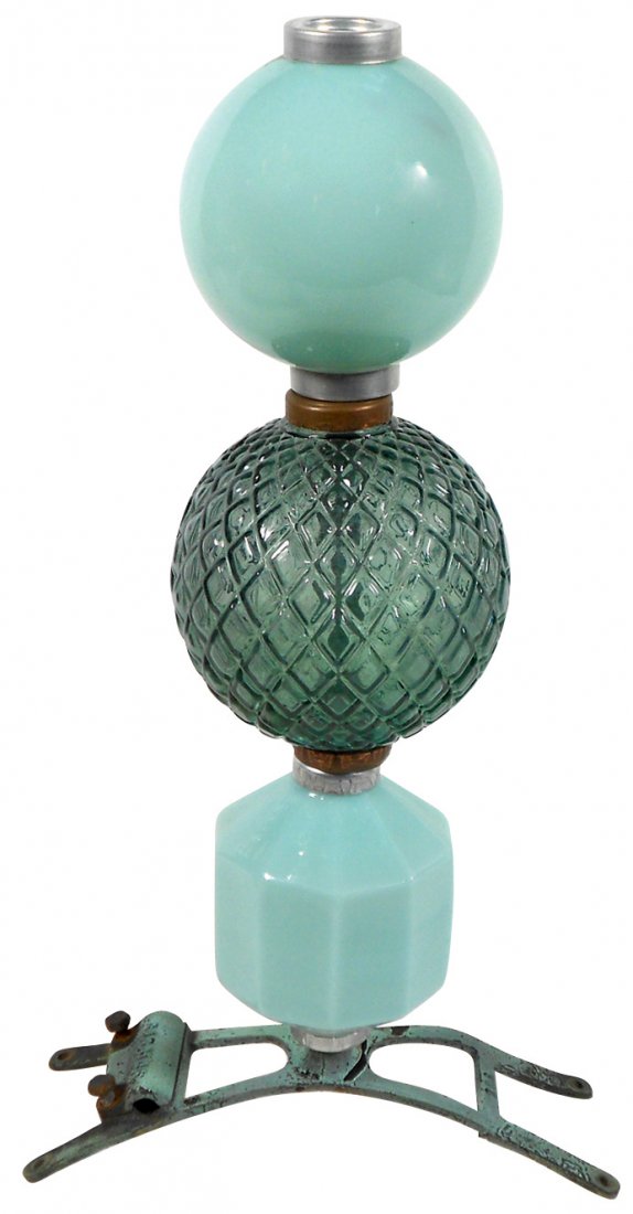 Lightning rod balls (3), quilted flat green, round: Lightning rod balls (3), quilted flat green, round Jadeite green (tiny side chip) & Jadeite "D&S" octagonal, Exc cond w/some roughness under caps, 5"Dia.