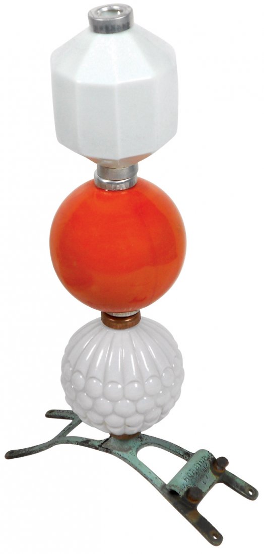 Lightning rod balls (3), rust orange plain round, white: Lightning rod balls (3), rust orange plain round, white milk glass D&S & white milk glass ribbed grape, Exc cond w/some roughness under caps, largest 4.5"Dia.