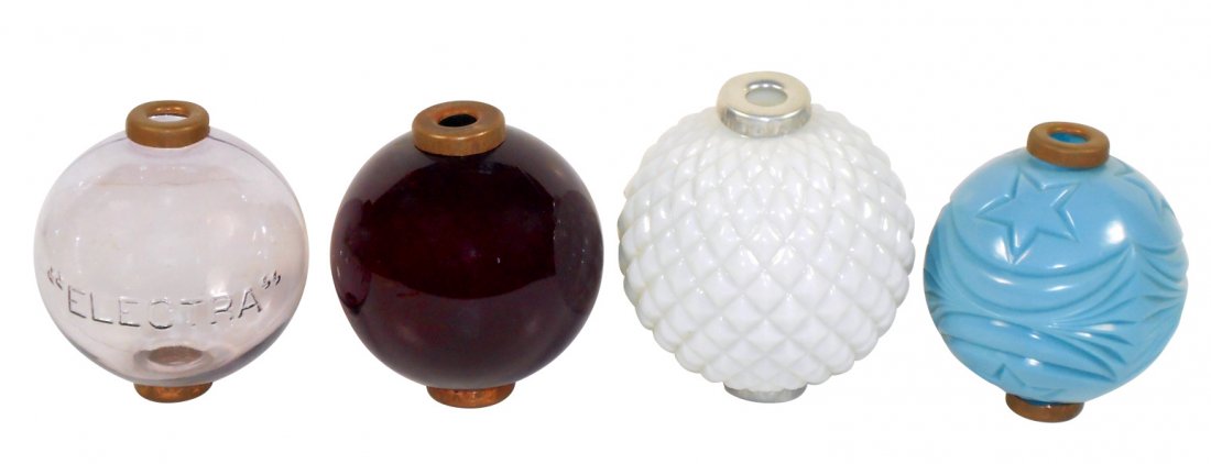 Lightning rod balls (4), ruby red plain round, blue: Lightning rod balls (4), ruby red plain round, blue milk glass Moon & Stars, sun-colored purple "Electra" & white milk glass quilted raised, Exc cond w/some roughness under caps, largest 5"Dia.