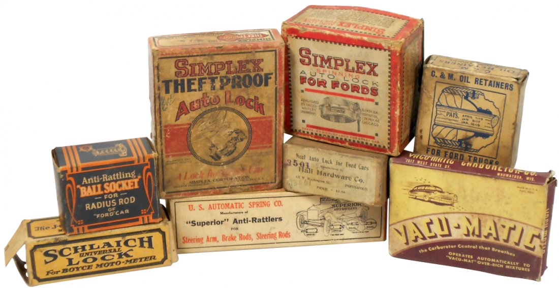Automotive (7), Simplex Auto Lock (2), Neal Auto Lock,: Automotive (7), Simplex Auto Lock (2), Neal Auto Lock, Vacu-Matic, C. & M. Oil Retainers & other prod in orig boxes, most NOS, all VG/Exc cond.