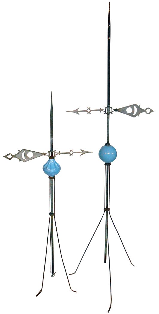Lightning rod balls w/rods & directional arrows (2),: Lightning rod balls w/rods & directional arrows (2), blue Electra ball & blue Hawkeye ball, both VG cond, up to 72"H.
