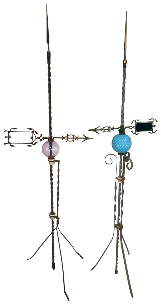 Lightning rod balls w/rods & directional arrows (2),: Lightning rod balls w/rods & directional arrows (2), quilted blue ball w/unusual rod & blue glass arrow & clear ball w/fancy arrow (w/out glass), both VG cond, 72"H.