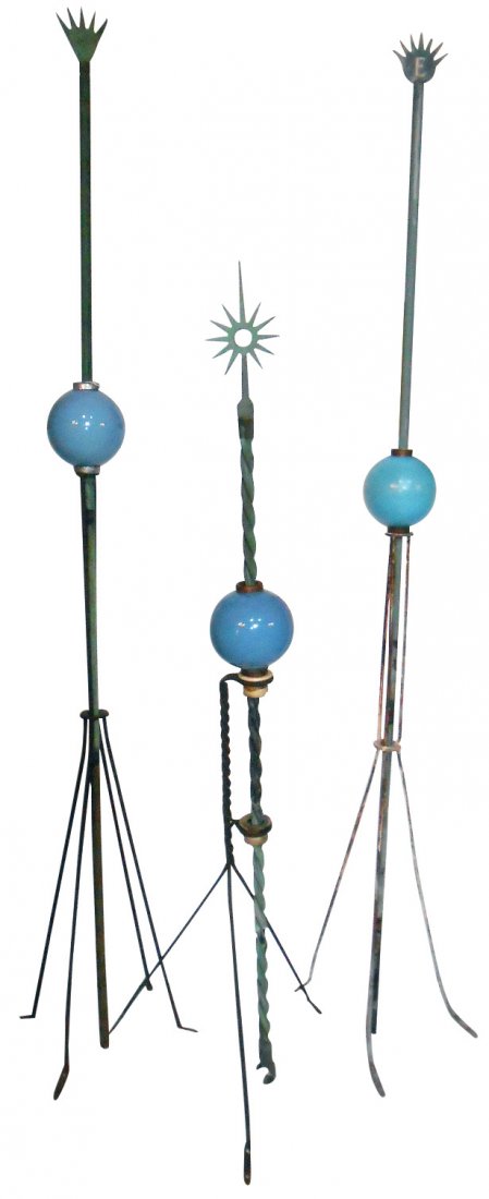 Lightning rod balls w/rods & directional arrows (3),: Lightning rod balls w/rods & directional arrows (3), all rods w/unusual finials, all w/blue balls, all VG cond, 50" to 64"H.