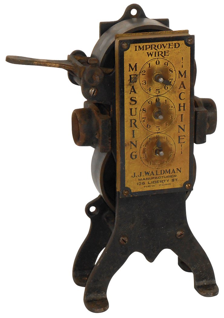 Industrial wire measuring machine by J.J. Waldman-NY,: Industrial wire measuring machine by J.J. Waldman-NY, cast iron & brass, Exc cond, 11"H x 8"W.