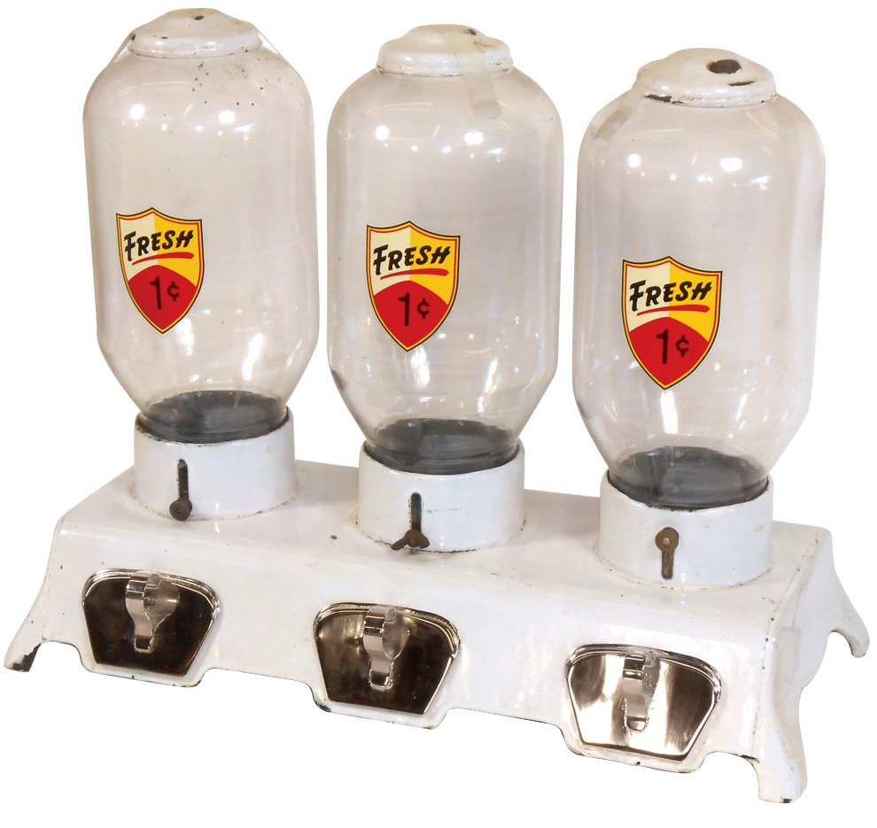 Country store peanut vendor, white porcelain base &: Country store peanut vendor, white porcelain base & lid, glass globes & Fresh 1 Cent decals, re-plated metal trays, VG/Exc cond, 17.5"H x 20"W.
