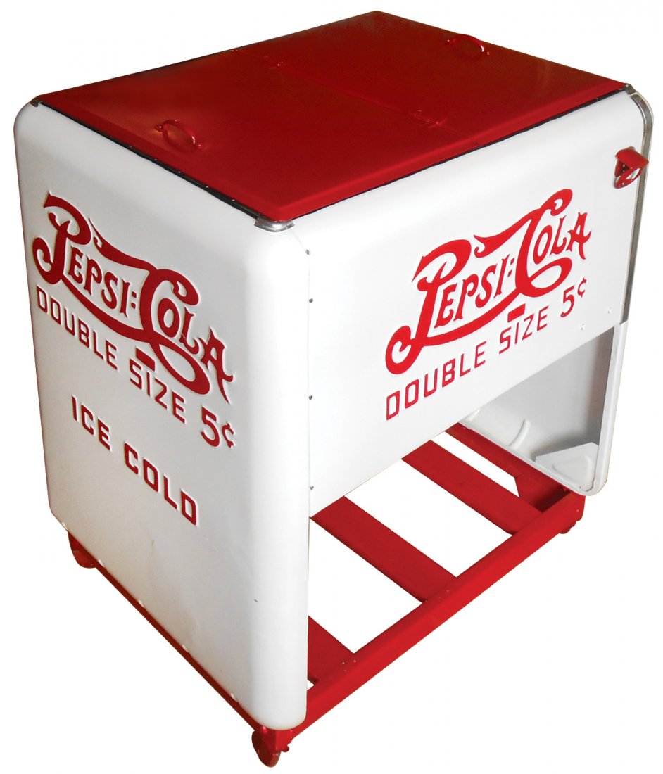 Pepsi-Cola double dot Quick-Old standard ice chest,: Pepsi-Cola double dot Quick-Old standard ice chest, "Double Size 5 Cent Ice Cold" embossed front & side panels, red & white enamel, orig galvanized interior, bottom rack holds 2 cases of bottles, c.19