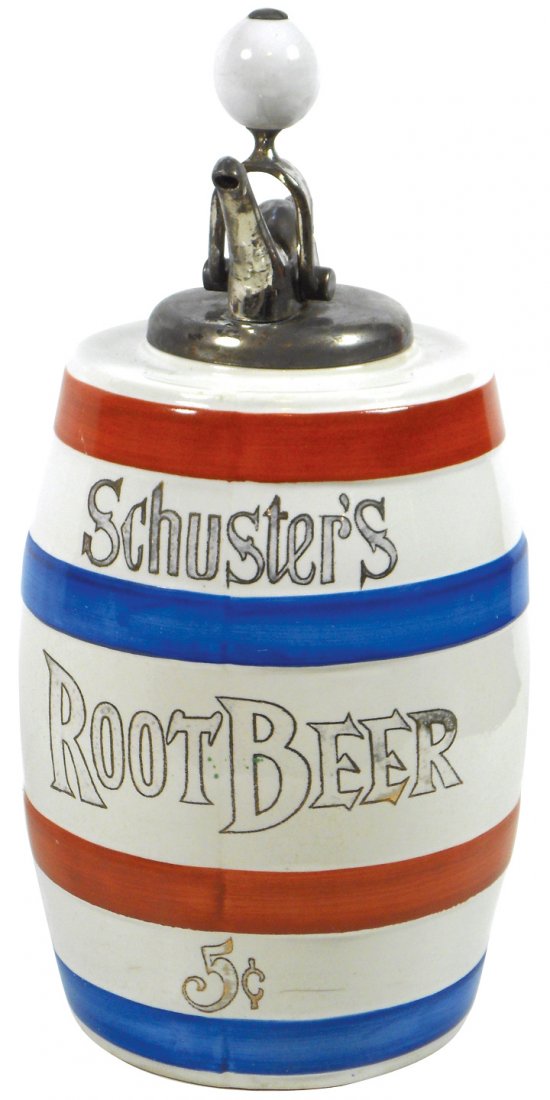 Syrup dispenser, Schuster's Root Beer 5 Cents, ceramic: Syrup dispenser, Schuster's Root Beer 5 Cents, ceramic barrel-shape w/colorful red & blue stripes, old ball-style pump, VG/Exc cond w/2.5" old hairline on side near bottom, 16"H.