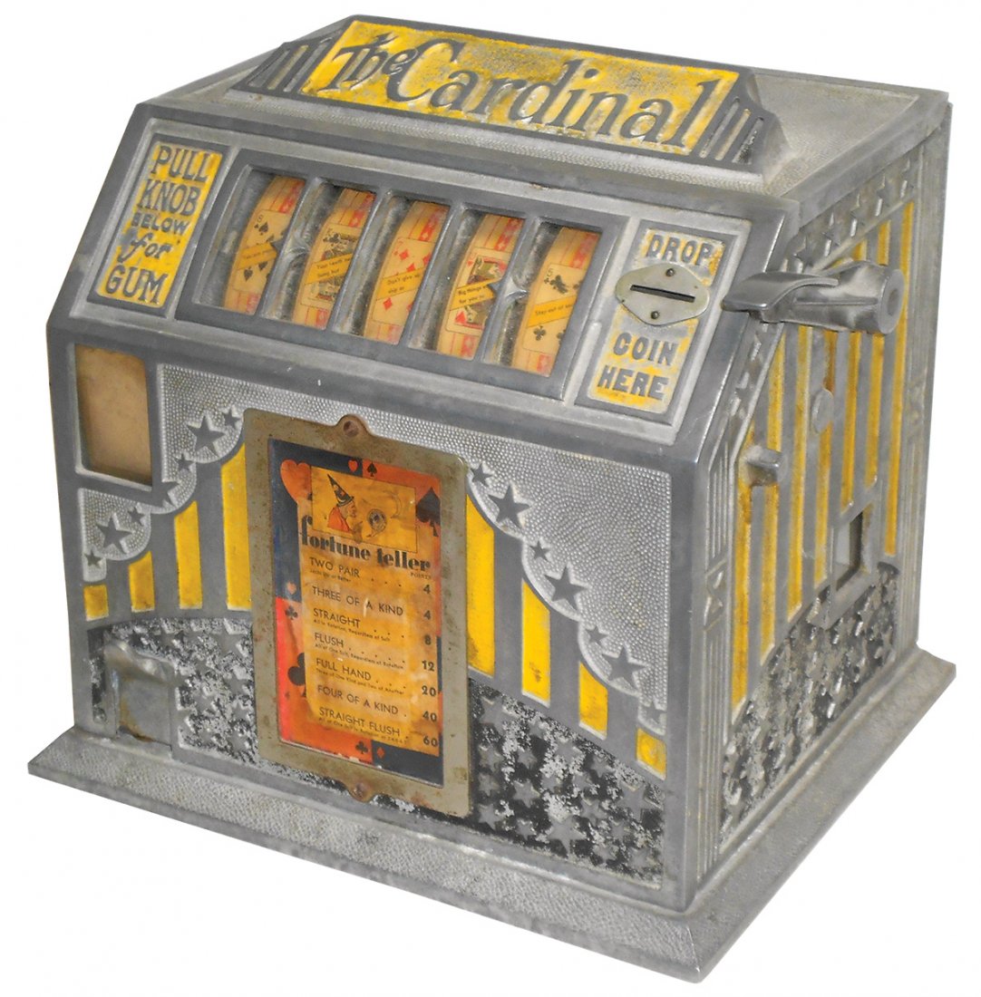 Coin-operated trade stimulator, The Cardinal, 5-reel: Coin-operated trade stimulator, The Cardinal, 5-reel fortune teller w/gum vendor, mfgd by Pace Mfg Co., c.1935, VG orig working cond w/key, 12"H x 12"W.