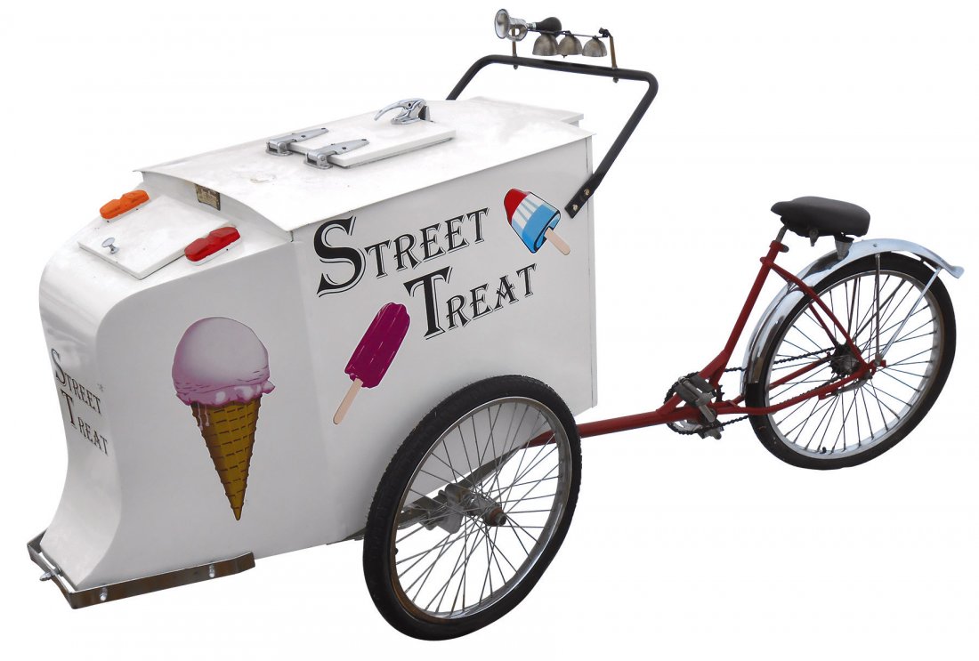 Ice cream vendor bicycle, "Sweet Treat", freezer w/tag: Ice cream vendor bicycle, "Sweet Treat", freezer w/tag marked Acorn Sheet Metal Mfg Co.-Chicago, has light & bells, c.1950's, a Rare & fun item in Exc cond, 50"H x 32"W x 100"L.