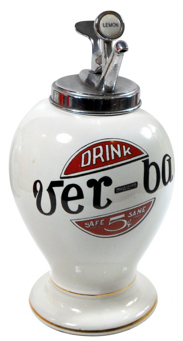 Syrup dispenser, Ver-ba, Safe-Sane 5 Cents, ceramic: Syrup dispenser, Ver-ba, Safe-Sane 5 Cents, ceramic dispenser w/old pump w/Lemon button insert, old 10" hairline on side, o/wise Exc cond, 15"H.