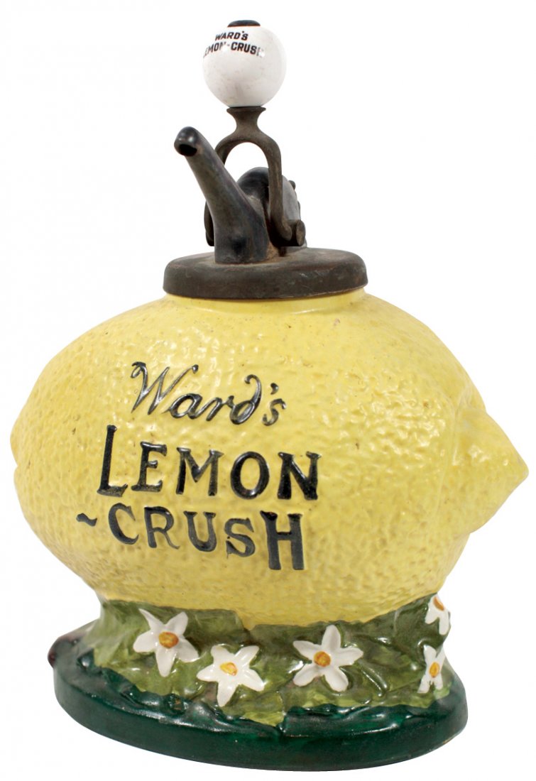 Syrup dispenser, Ward's Lemon-Crush, figural lemon,: Syrup dispenser, Ward's Lemon-Crush, figural lemon, orig "Ward's Lemon-Crush" ball, pump does not work, paint loss on one side, o/wise Exc cond, 13.5"H x 11"W.