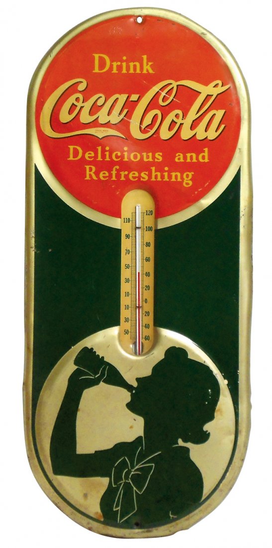 Coca-Cola thermometer w/silhouette girl, c.1940, litho: Coca-Cola thermometer w/silhouette girl, c.1940, litho on embossed metal by Robertson-Dualife-Springfield, O., VG cond w/minor scratching & paint drops, 16"H x 7"W.