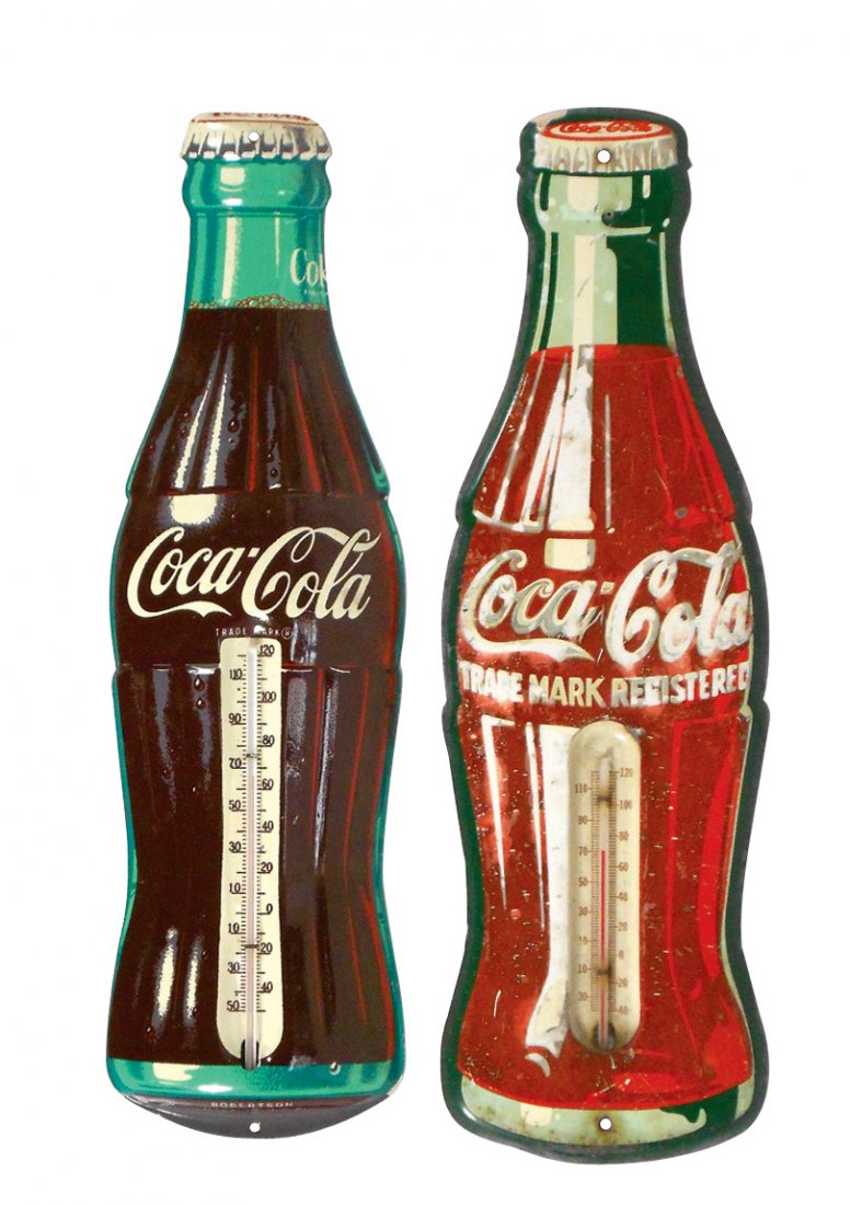 Coca-Cola thermometers & box (3), flat metal 1950's: Coca-Cola thermometers & box (3), flat metal 1950's "Trade Mark Registered" thermometer, Good cond w/wear, 17"H, formed metal c.1948 thermometer, Near-Mint cond, 17"H & 1940's "Coca-Cola in 6 Bottle C