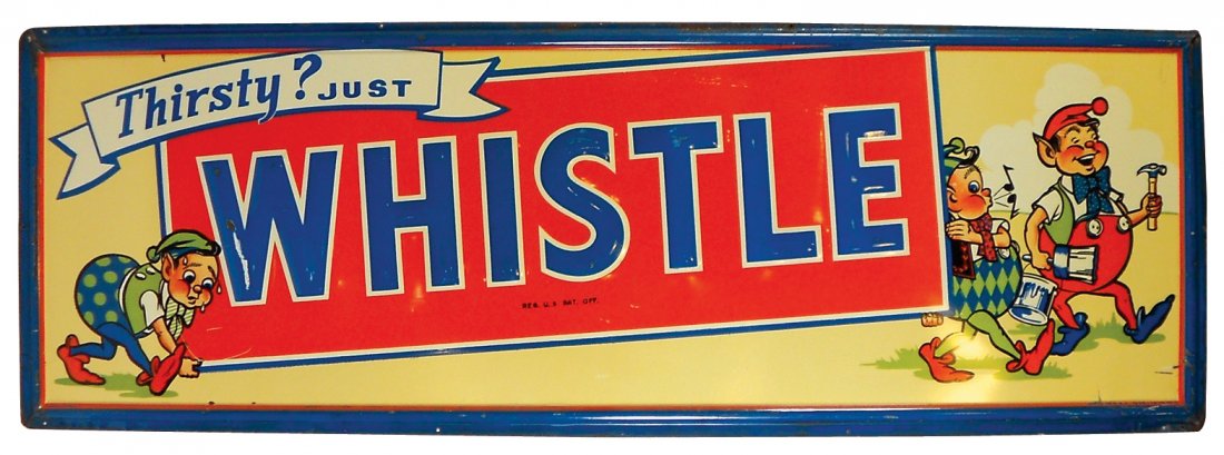 Soda fountain sign, Whistle, self-framed embossed metal: Soda fountain sign, Whistle, self-framed embossed metal w/great color & graphics, c.1940's, VG cond, 18.5"H x 54.5"W.