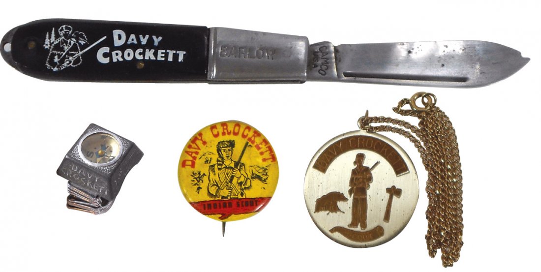 Davy Crockett premiums (4), Walt Disney compass ring,: Davy Crockett premiums (4), Walt Disney compass ring, c.1950's from Peter Pan Peanut Butter, Barlow pocket knife (chipped blade), Davy Crockett Scout necklace & Indian Scout pinback, all VG/Exc cond u