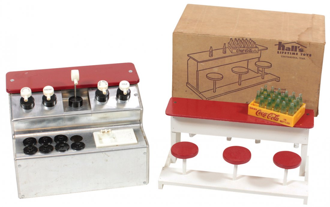 Toy, soda fountain novelties (8+), Hall's Lifetime: Toy, soda fountain novelties (8+), Hall's Lifetime Coca-Cola snack bar No. 265 w/accessories, wood & plastic in orig box; cdbd Bennett's Soda Fountain(no glass bottles); Kamkap Soda Fountain w/syrup b