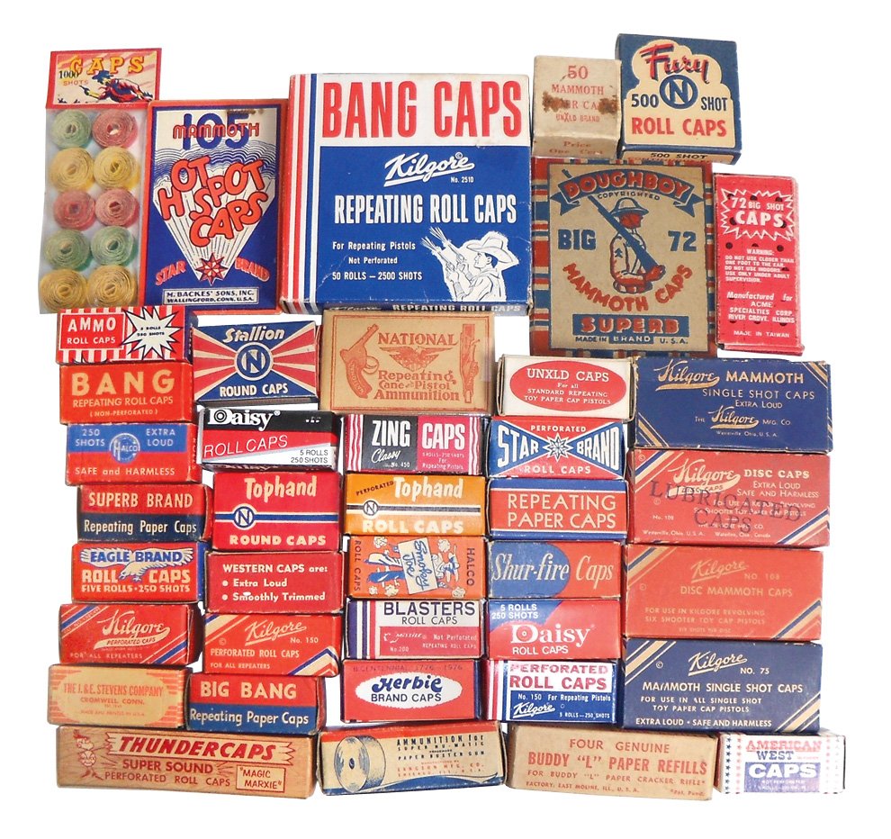 Toy cap gun roll caps, approx 40 boxes from Buddy L,: Toy cap gun roll caps, approx 40 boxes from Buddy L, Kilgore, Stallion, Mammoth, National, etc., most in Exc cond full of orig product, up to 4"Sq.