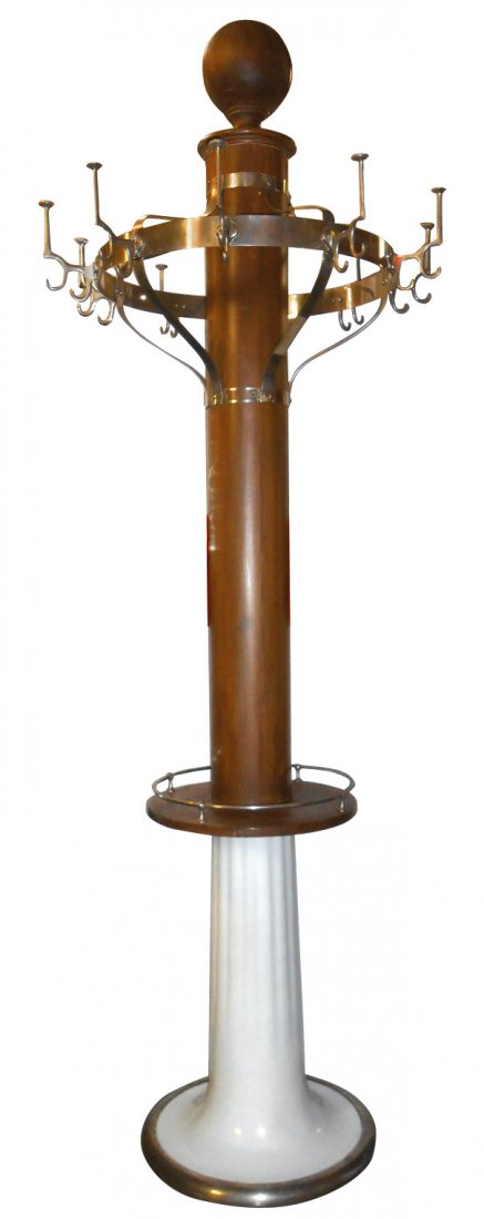 Barber shop coat rack, Koken Companies, white porcelain: Barber shop coat rack, Koken Companies, white porcelain base, wood column w/center tray, orig metal maker's tag, c.1910, Exc cond, 70"H x 30"Dia.