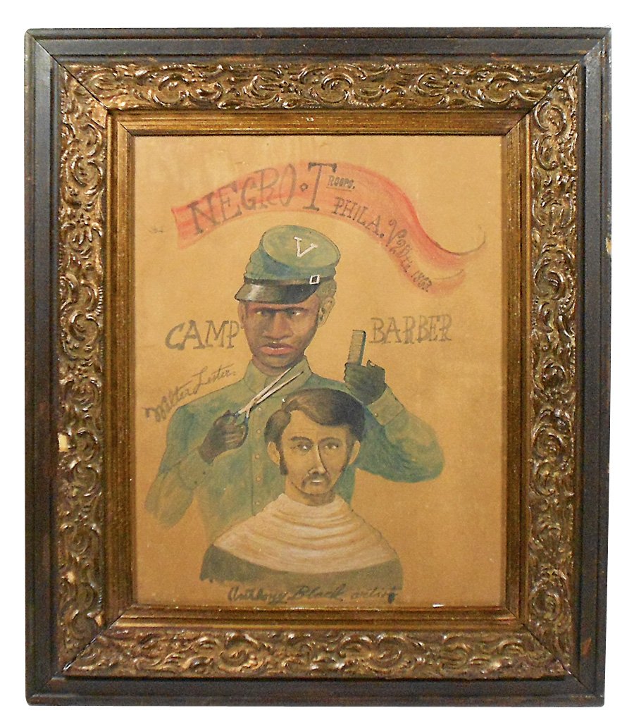 Black Americana, hand-painted watercolor & ink on: Black Americana, hand-painted watercolor & ink on paper, "Negro Troops-Phila. V 25th 1863, Camp Barber Walter Lester", pictures Black barber cutting hair, signed by Anthony Black, Artist, well-execute