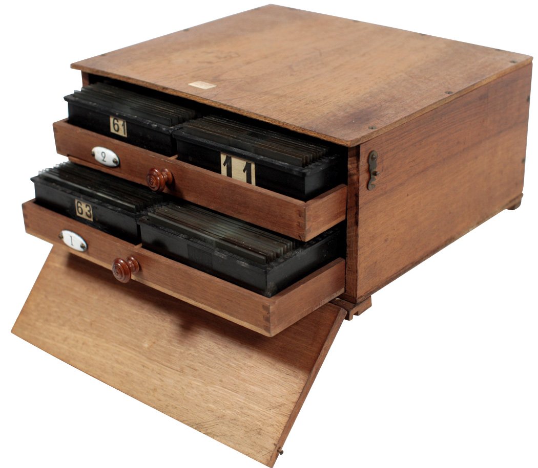 French stereo viewer glass slides in wood case, over: French stereo viewer glass slides in wood case, over 160 glass slides, includes WWI Infantry & hunting scenes, hotels, houses, cities, landscapes & groups of people, ea w/identification, photographer 