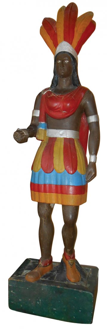 Cigar Store Indian Princess, carved wood, maker: Cigar Store Indian Princess, carved wood, maker unknown, holds bundle of cigars, old repaint, well carved w/nice details, c.1890-1910, VG cond, 66"H x 18"W x 12"D.