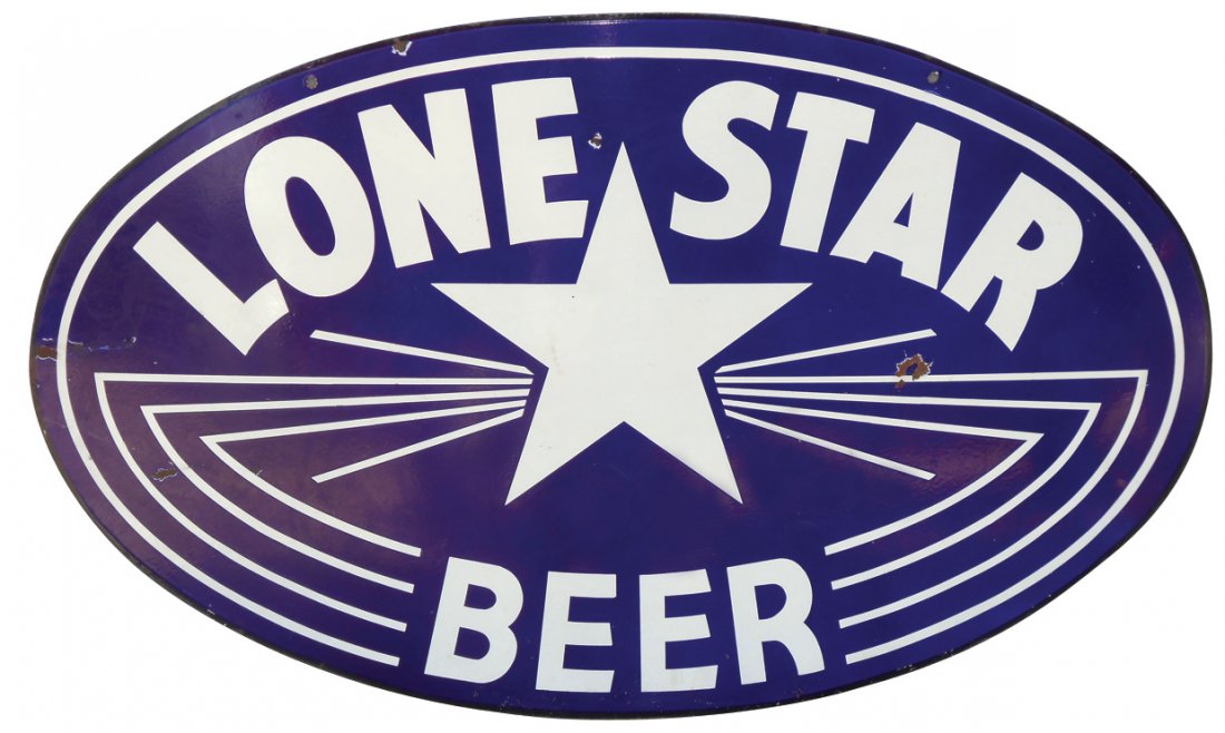 Breweriana, Lone Star Beer porcelain sign, 2-sided: Breweriana, Lone Star Beer porcelain sign, 2-sided oval, both sides VG+/Exc cond w/minor loss, 33"H x 57"W.