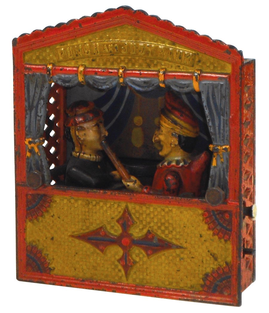 Mechanical bank, Punch and Judy, cast iron w/orig: Mechanical bank, Punch and Judy, cast iron w/orig paint, patd 1884, designed by Charles Shepard & Peter Adams, mfgd by Shepard Hdw. Co.-Buffalo, NY, 1" break on back casting by bolt hole, o/wise in Ex