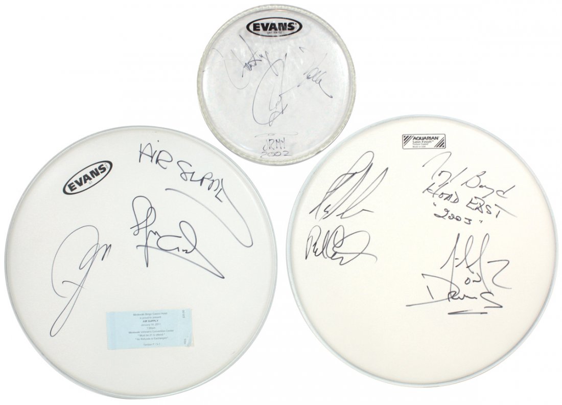 Autographed drum heads (3), Journey Air Supply & Head: Autographed drum heads (3), Journey Air Supply & Head East, signed by Neal Schon, Graham Russell, Russell Hitchcock, Roger Boyd & others, signatures obtained in person by Steve Pilchen, Exc cond, up t