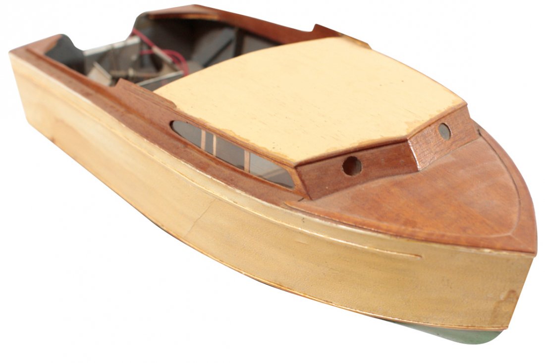 Toy boat, motors & oars (6), handmade balsa wood boat,: Toy boat, motors & oars (6), handmade balsa wood boat, 3 metal Japanese outboard motors, 1 marked Western Import Co. & 2 Peterborough Canoe Co. advertising oars; motors in Good & VG cond, boat 18.5"L.