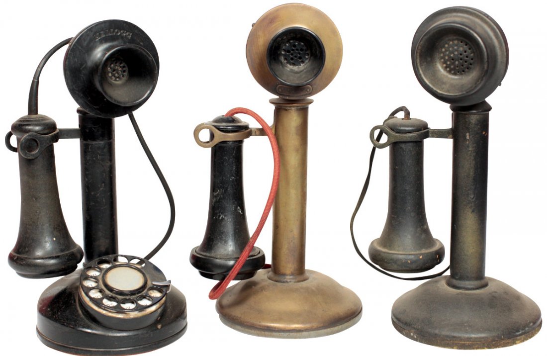 Candlestick phones (3), brass Western Electric Co, base: Candlestick phones (3), brass Western Electric Co, base shows last pat 1915, ear piece marked Leich Elec Co-Genoa, IL & Stromberg-Carlson Telephone Mfg Co.-Rochester, NY; black metal Western Electric 